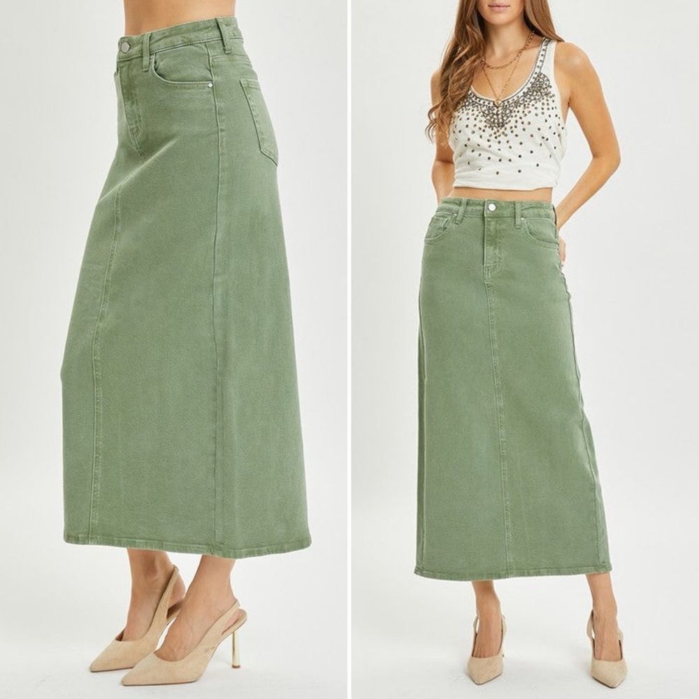 NWT Risen Olive Denim Maxi Skirt Size 1XL High Rise Stretch Midi Long Jean Skirt - Picture 8 of 12